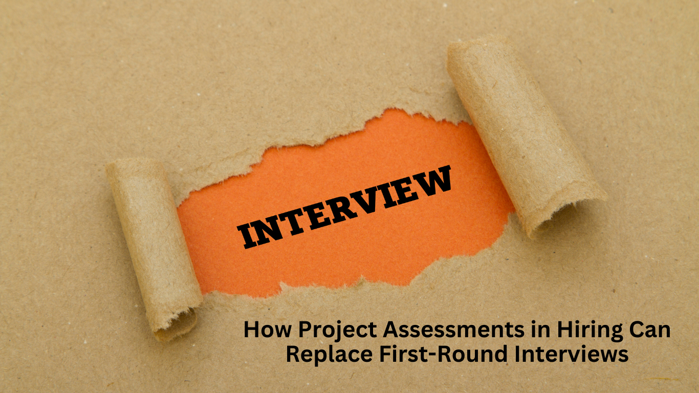 A torn paper reveals the word "INTERVIEW" on an orange background, symbolizing the shift from traditional interviews to project-based hiring methods.