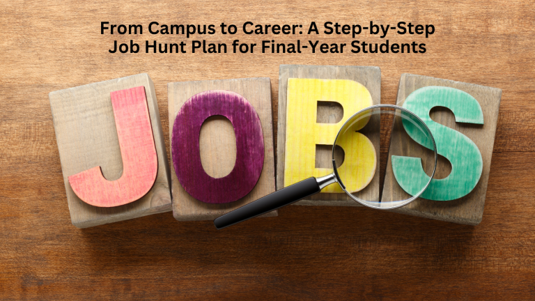 Wooden blocks spelling "JOBS" with a magnifying glass, representing a job hunt plan for students.